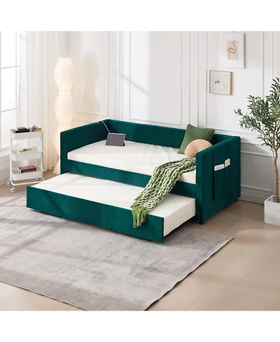 Streamdale Furniture Streamdale Twin Upholstered Daybed with Trundle, Usb, Side Pockets, Emerald