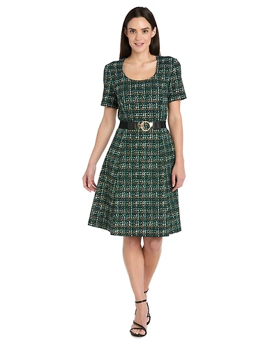 R & M Richards Women's Printed Scoop Neck Belted Dress