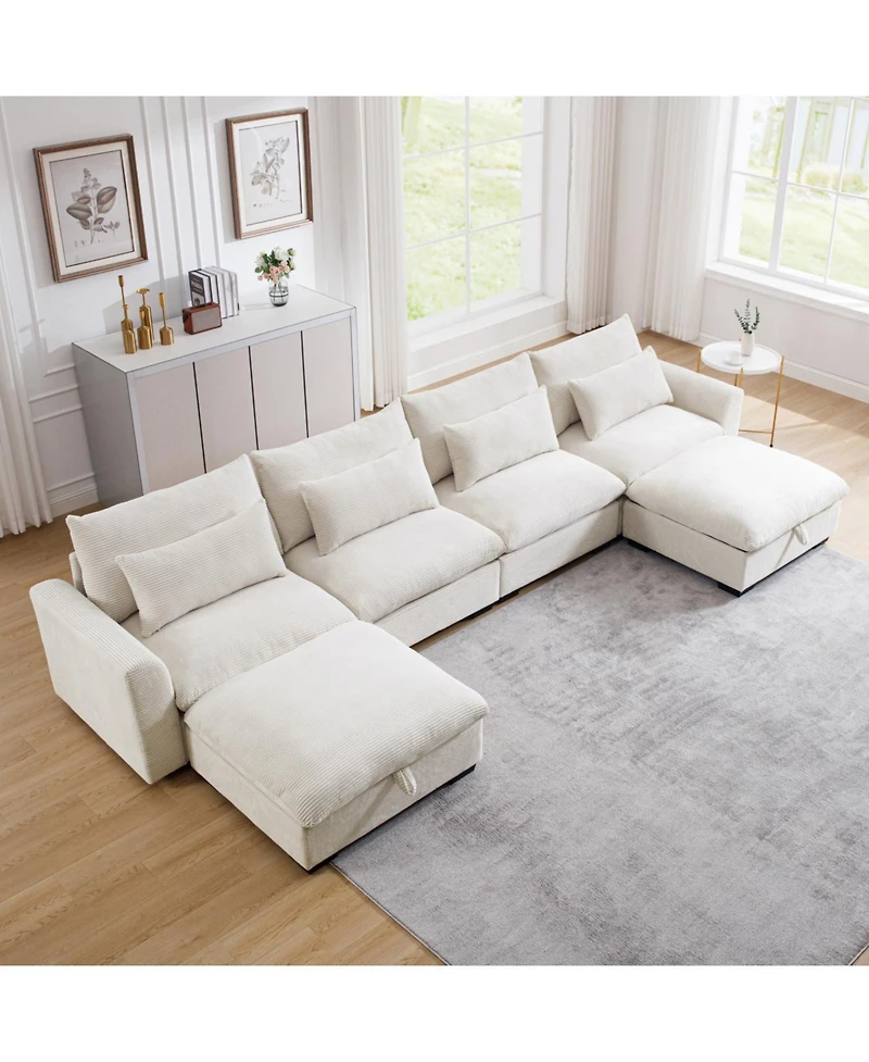 Streamdale Furniture Big Deep Seat U-Shaped Corduroy Sectional Couch, Beige