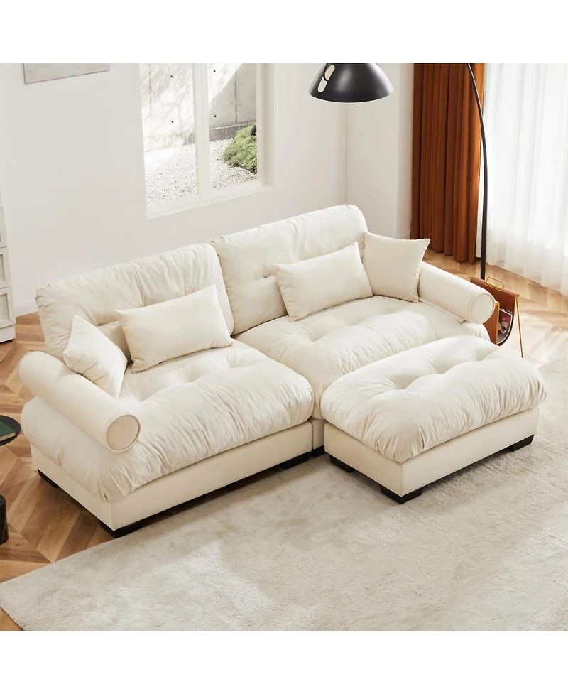 Streamdale Furniture Streamdale Oversize Modern Velvet Two-Seater Sofa with Ottoman and Pillows, Cream