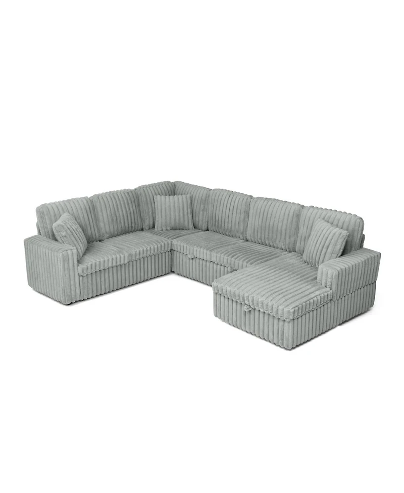 Streamdale Furniture Streamdale Grey Corduroy U-shaped Sofa with Pull-out Bed & Storage Chaise