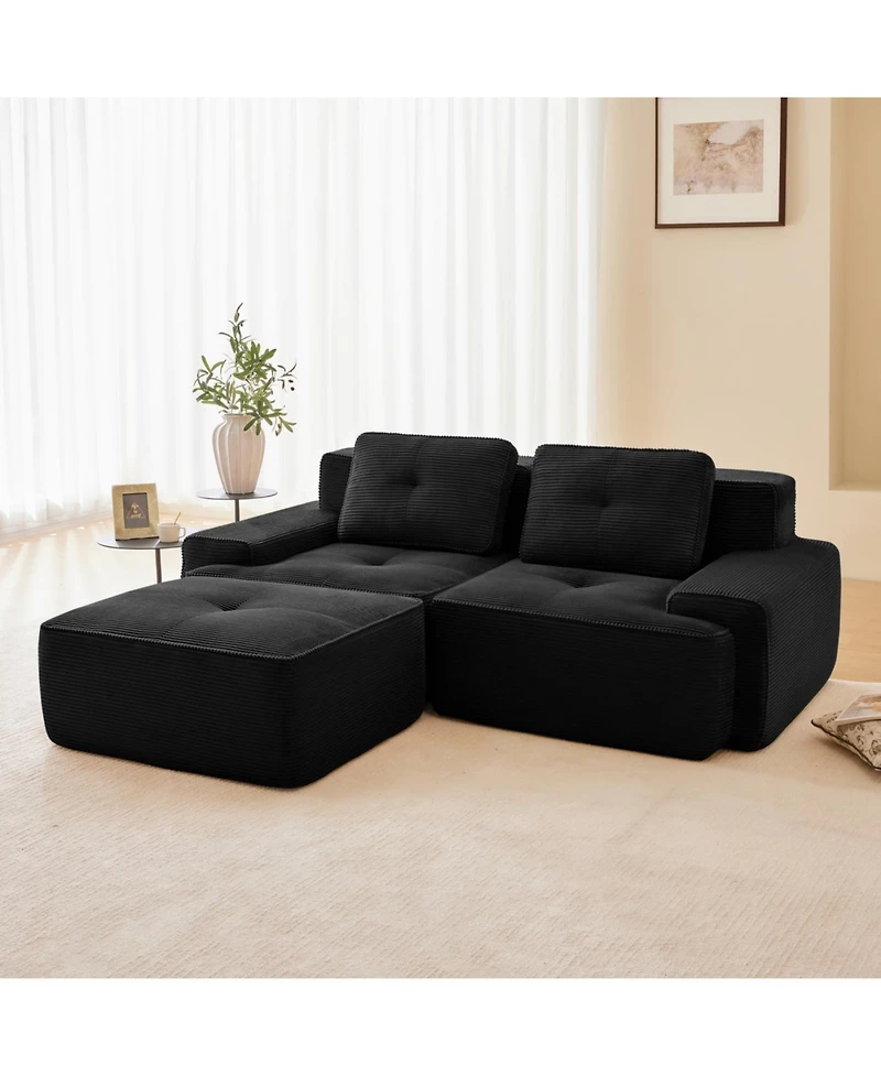 Streamdale Modern L-Shaped Corduroy Sectional Sofa with Ottoman, Black
