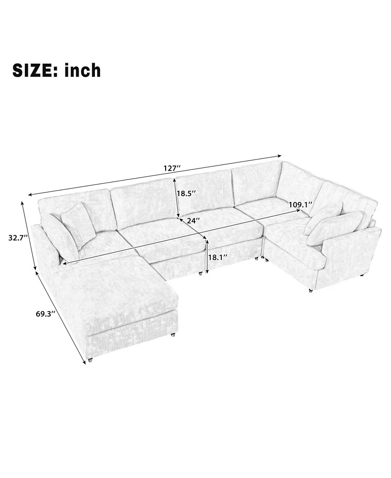 Streamdale Furniture U-Shaped Sectional Sofa with Movable Ottoman, 6-Piece Chenille Set
