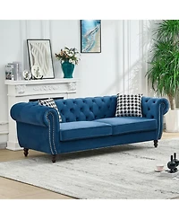 Streamdale Furniture Streamdale Blue Chesterfield Velvet Sofa with Roll Armrest & Nailhead