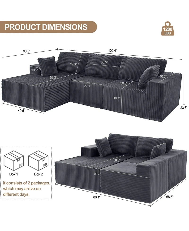 Streamdale Modular Sectional Sofa with Pillow, Cloud Couch with Chaise, L-Shape Sofa, Grey