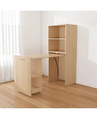 Streamdale Furniture Streamdale Stretchable office desk with storage, wheels, foldable, burlywood