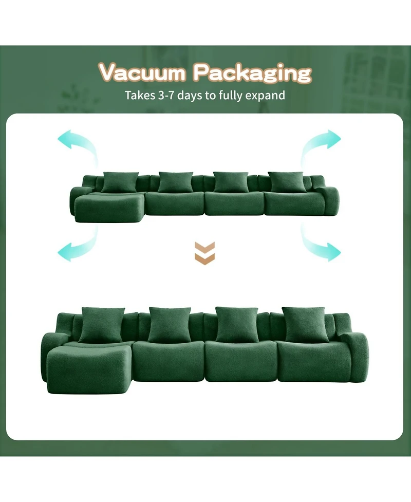 Streamdale Furniture L-Shaped 4-Seat Boneless Sofa, Teddy Fabric, No Assembly, Curved Armrest, Green