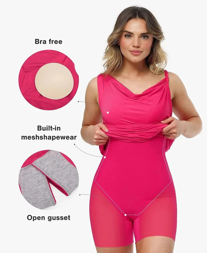 Popilush Women's Shapewear Solid Cowl Neck Ruched Sculpting Maxi Dress