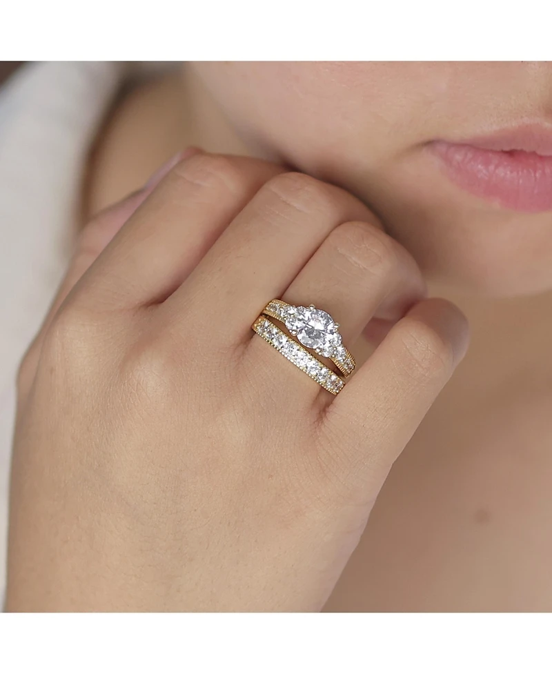 Bling Jewelry 3CT Round Solitaire Side Stones Pave Cz Cubic Zirconia Promise Band Ring Set Gold Plated Silver