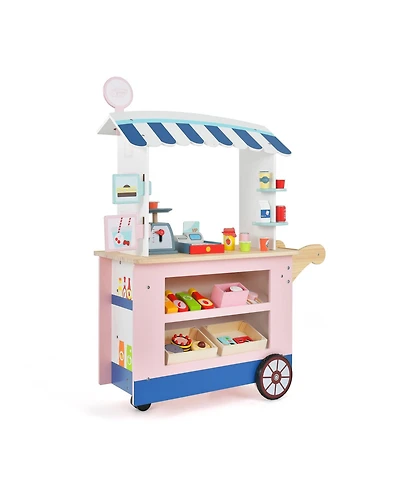 Hongge Kids Wooden Play Food Cart with 30 Accessories and Rolling Wheels