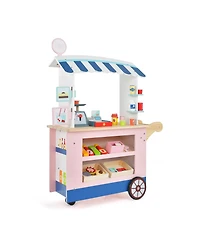 Hongge Kids Wooden Play Food Cart with 30 Accessories and Rolling Wheels