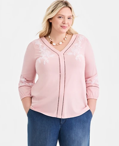 Style & Co Plus V-Neck Puff-Sleeve Embroidered Blouse, Macy's Exclusive