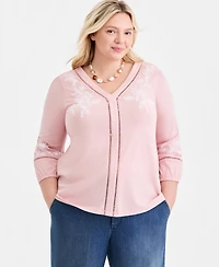 Style & Co Plus V-Neck Puff-Sleeve Embroidered Blouse, Macy's Exclusive