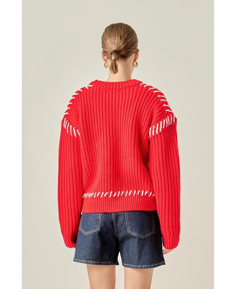 English Factory Women's Stitch Detailed Chunky Crew Neck Knit
