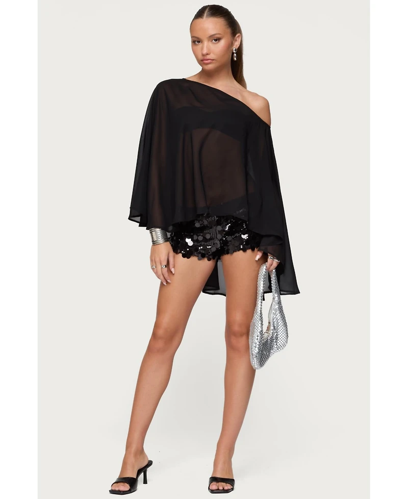 Edikted Women's Sheer Chiffon Asymmetric Poncho