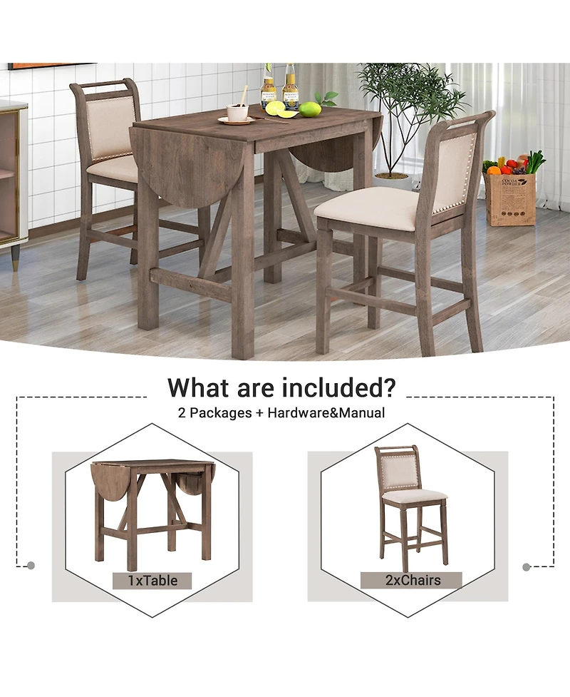 Boyel Living 3-Piece Wood Counter Height Drop Leaf Dining Table Set with 2 Upholstered Dining Chairs for Small Place