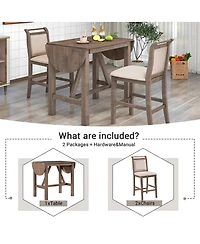Boyel Living 3-Piece Wood Counter Height Drop Leaf Dining Table Set with 2 Upholstered Dining Chairs for Small Place