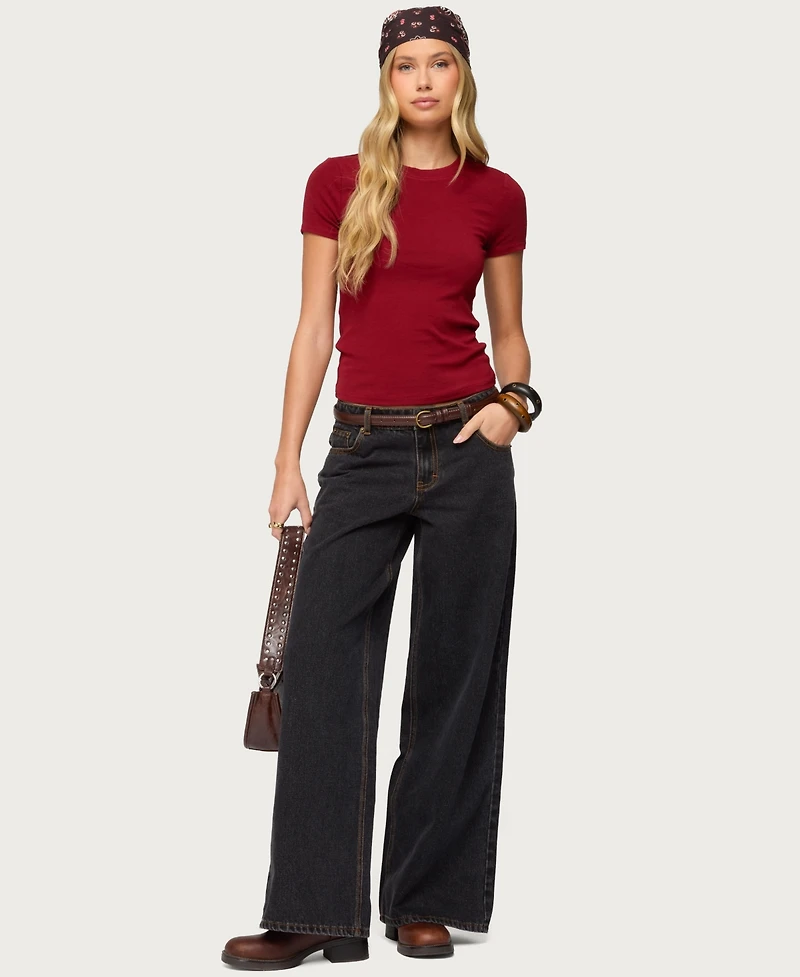 Edikted Women's Contrast Stitch Low Rise Wide Leg Jeans