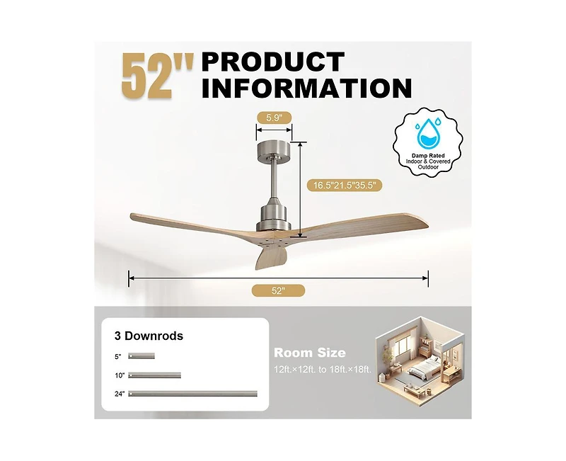 Sofucor 52-inch Modern Sand Nickel 3-Blade Light Ceiling Fan with Remote Control and Supporting Mobile Device Connection