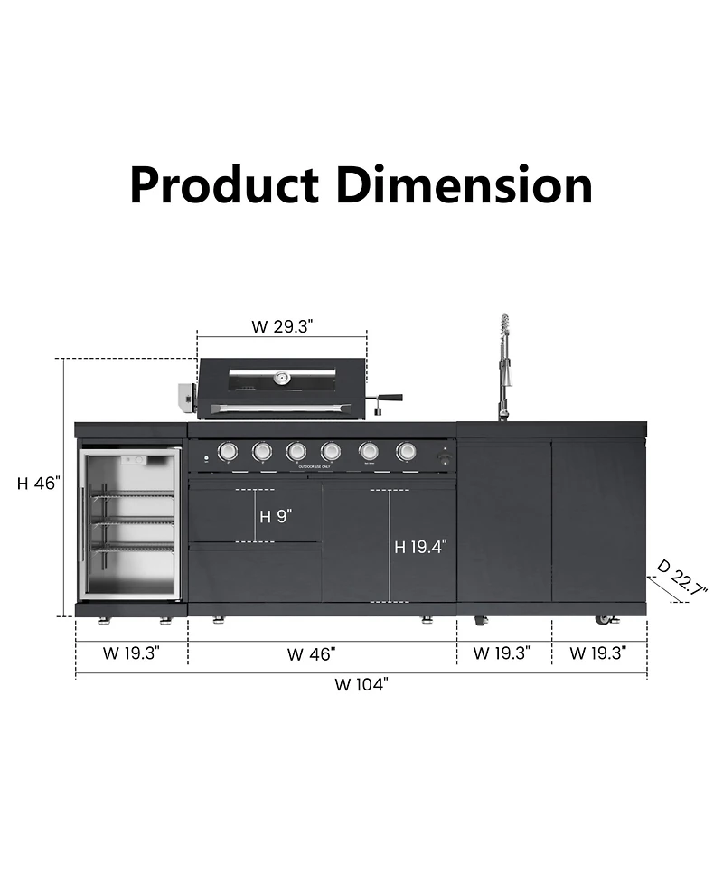 Mondawe 46" 4-Burner Gas Grill Outdoor Kitchen with Wine Cooler, Rotisserie & Granite