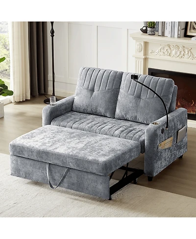 Maison Boucle 53.9" Chenille Pull-Out Sleeper Sofa with Adjustable Backrest, Usb Ports, Cup Holders & Side Storage