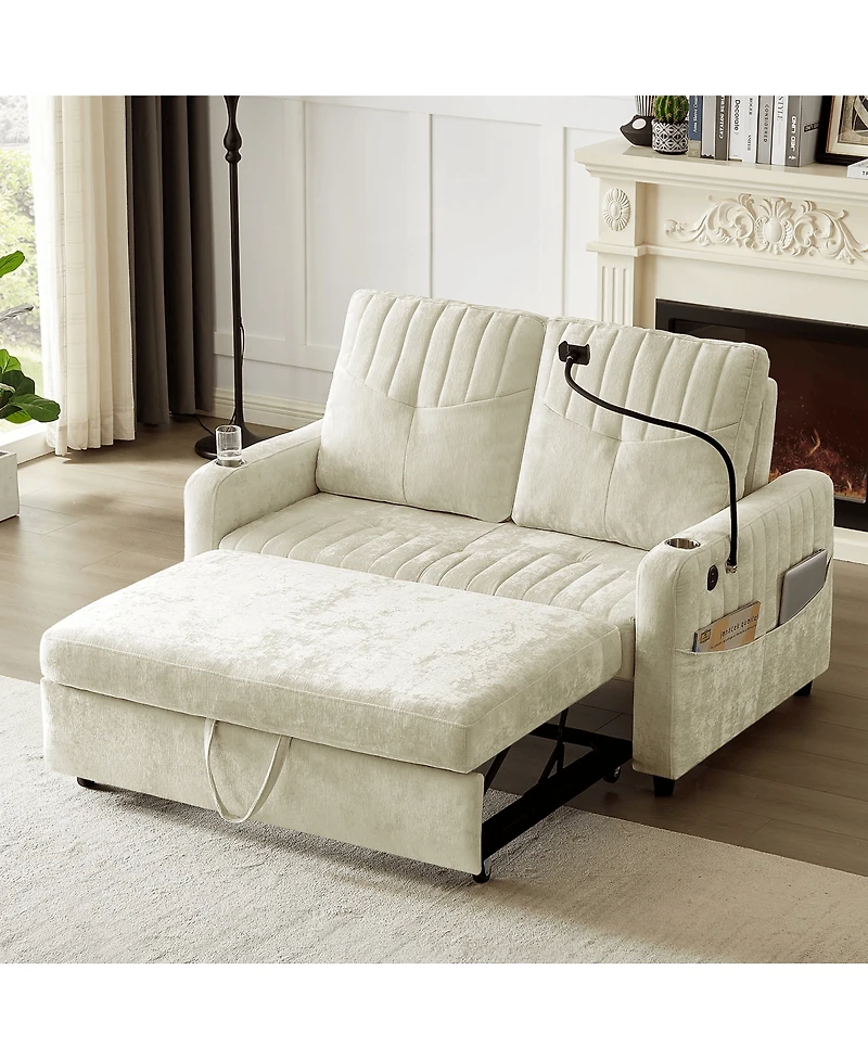 Maison Boucle 53.9" Chenille Pull-Out Sleeper Sofa with Adjustable Backrest, Usb Ports, Cup Holders & Side Storage