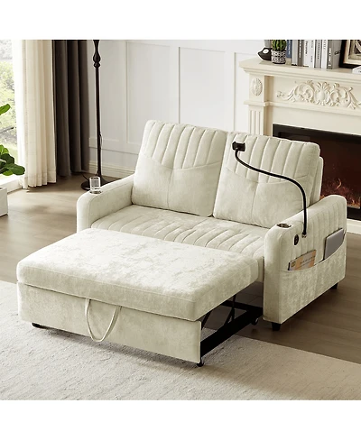 Maison Boucle 53.9" Chenille Pull-Out Sleeper Sofa with Adjustable Backrest, Usb Ports, Cup Holders & Side Storage