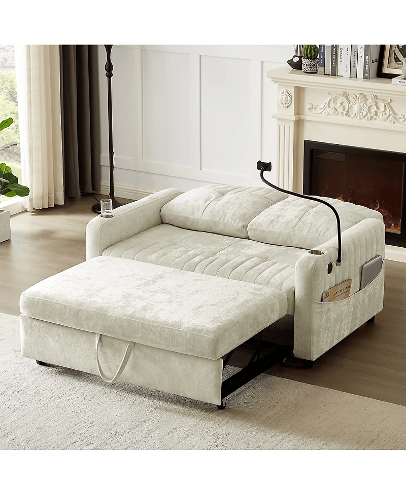 Maison Boucle 53.9" Chenille Pull-Out Sleeper Sofa with Adjustable Backrest, Usb Ports, Cup Holders & Side Storage