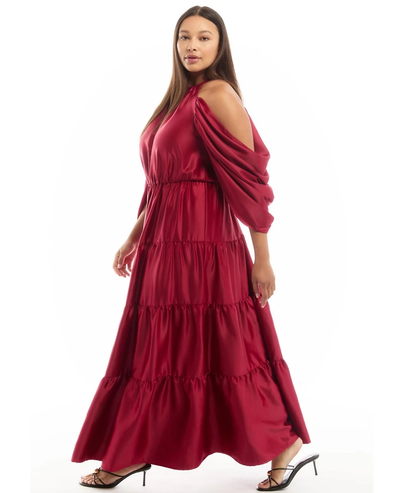 June & Vie Women's + Off-The-Shoulder Halter Maxi Dress