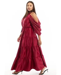 June & Vie Women's + Off-The-Shoulder Halter Maxi Dress