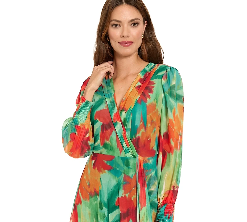 London Times Women's Shirred Surplice Bishop-Sleeve Maxi Dress