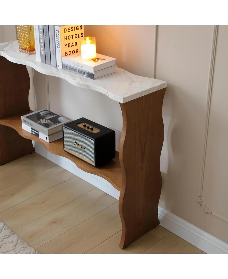 Streamdale Furniture Whisper of Waves Modern Console Table w/ White Marble-Pattern Top, Walnut Brown