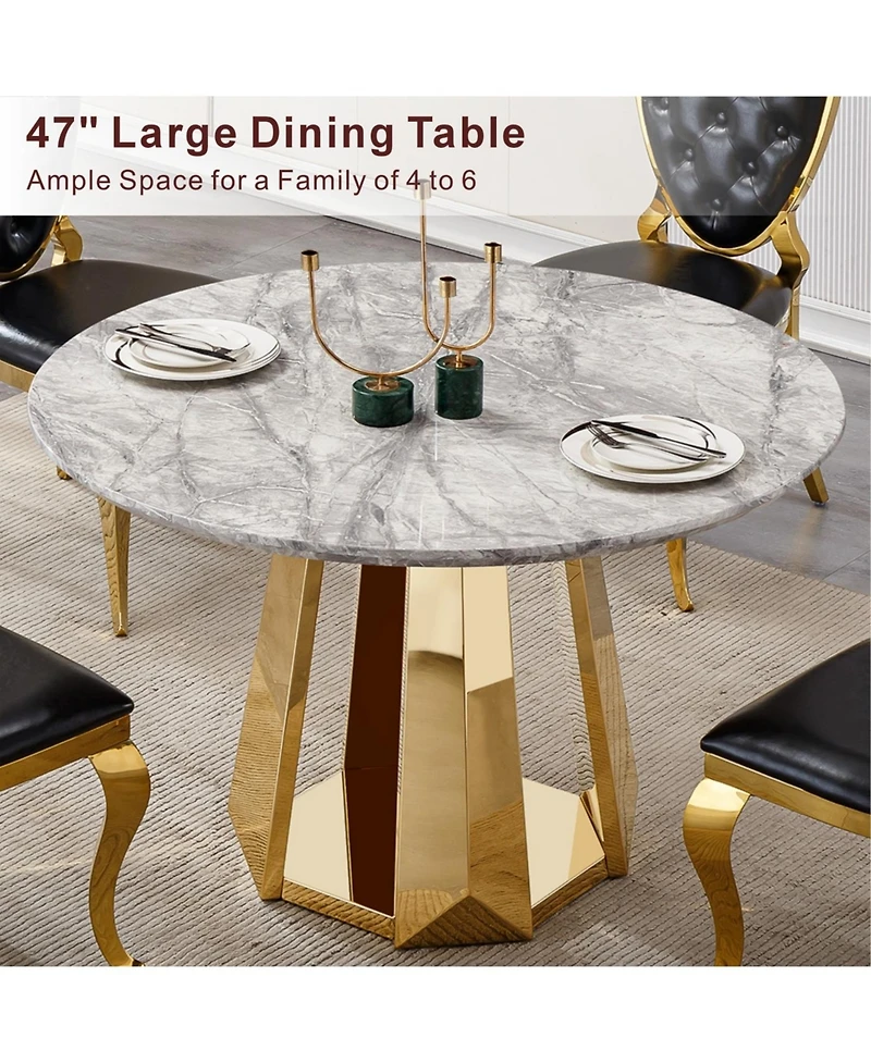 Streamdale Furniture 47" Round Marble Dining Table with Stainless Steel Base (Gold/Gray)