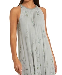 Mac Duggal Women's High Neck Floral Embellished Mesh Trapeze Gown