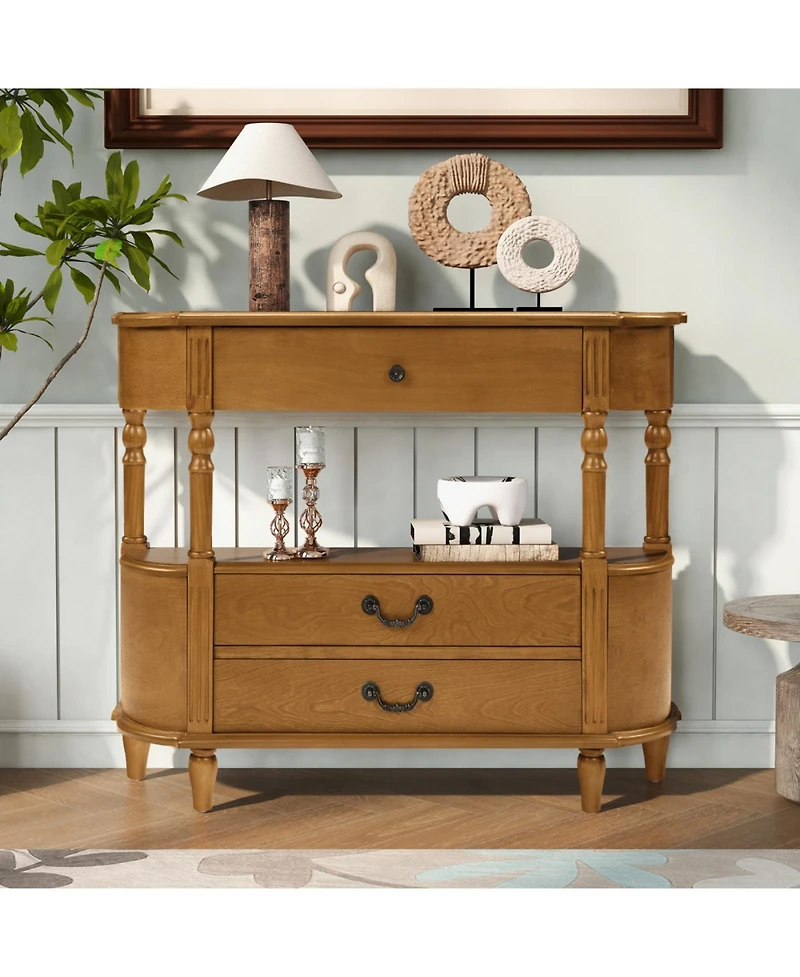 Streamdale Furniture Streamdale Retro Curved Wood Console Table with 3 Drawers, 43" Entry Table with Storage Shelf, Brown