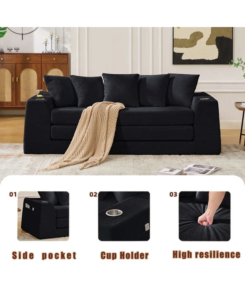 Streamdale Furniture Corduroy Convertible Sofa Bed with 5 Pillows, Black