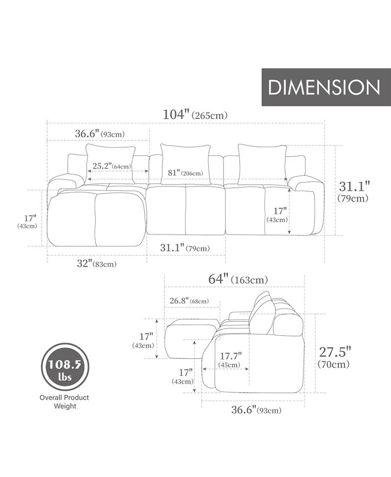 Streamdale Furniture Streamdale 104.3" 4-Piece L-Shaped Upholstered Modular Sectional Sofa, Ivory