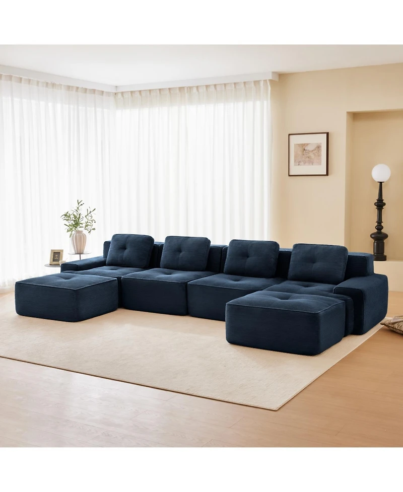 Streamdale Furniture Modern U-Shaped Corduroy Sectional Sofa with Ottomans, Blue