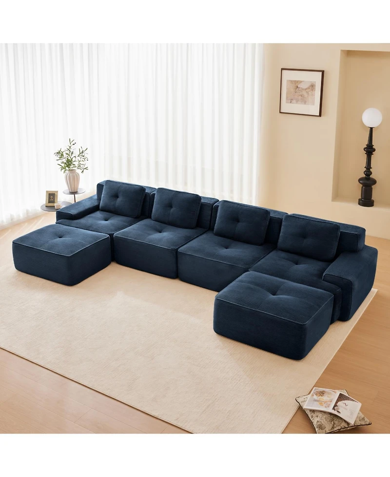 Streamdale Furniture Modern U-Shaped Corduroy Sectional Sofa with Ottomans, Blue