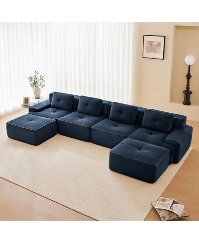 Streamdale Furniture Modern U-Shaped Corduroy Sectional Sofa with Ottomans, Blue