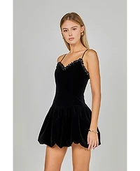 endless rose Women's Jewel Trim Velvet Mini Bubble Dress