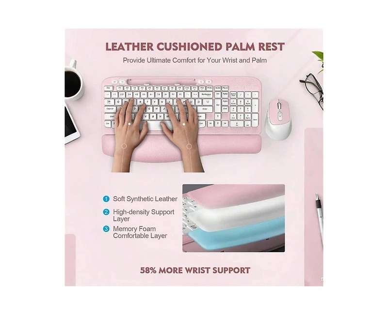 Risokeys Wireless Keyboard and Mouse Combo - Full-Sized Keyboard with Cushioned Palm Rest, Phone Holder, 2.4G Cordless Set for Computer, Laptop, Pc