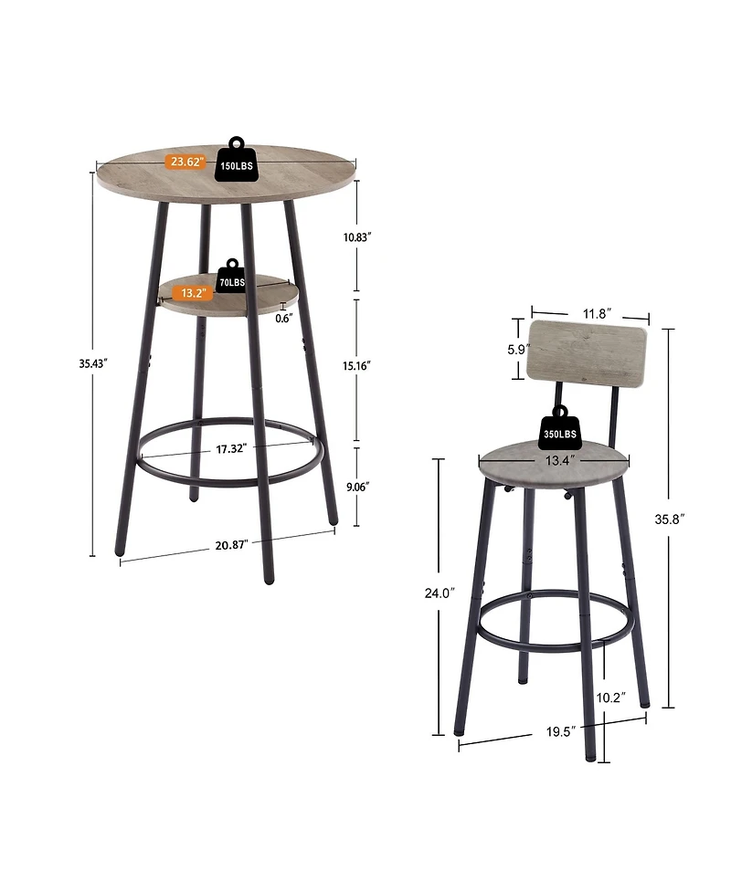 sumyeg Round Stool Set with Shelf and Upholstered Backrest, 23.62'' W x 23.62'' D x 35.43'' H