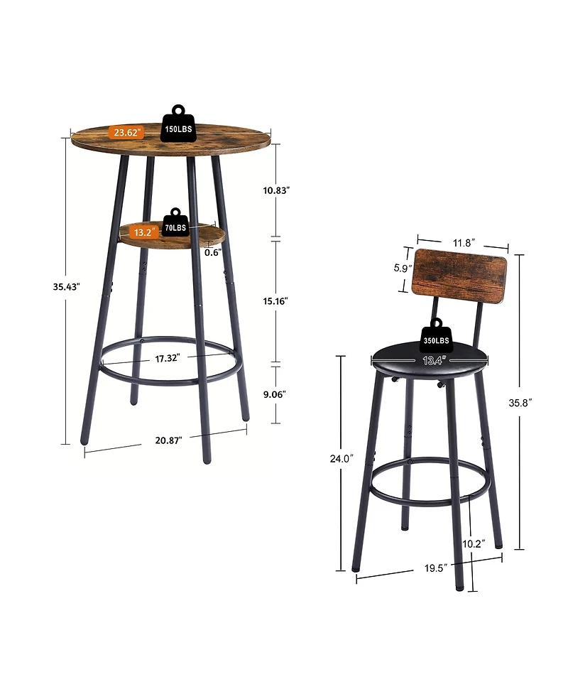 sumyeg Round Stool Set with Shelf and Upholstered Backrest, 23.62'' W x D 35.43'' H