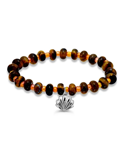 Macy's Tigers Eye Rondelle Beads and Clamshell Drop Charm Beaded Gold Plated Stretch Bracelet