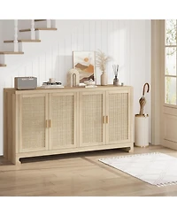 Rattan Accent Storage Cabinet with 4 Doors and Shelf, Modern Console Coffee Bar Cabinet for Dining Room, Kitchen, Living Room,Entryway,Beige