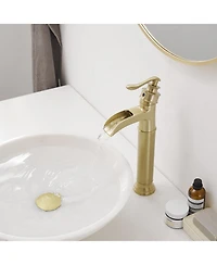 Waterfall Single Handle Bathroom Vessel Sink Faucet Farmhouse Vanity Bowl Tall Lavatory With Metal Drain In Brushed Gold