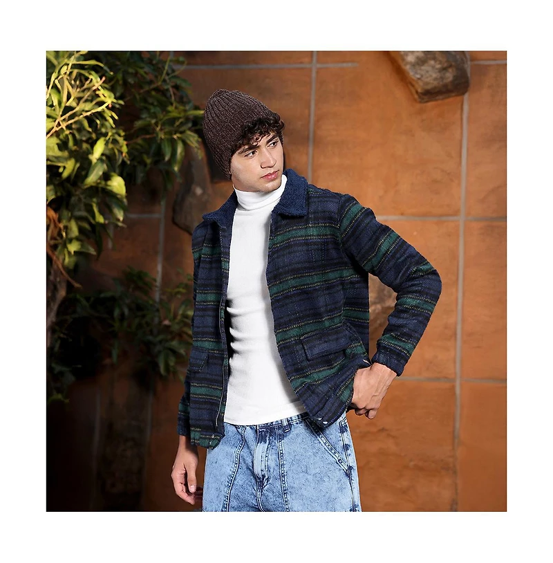 Campus Sutra Men's Navy Blue & Emerald Green Striped-Jacquard Sherpa-Lined Jacket