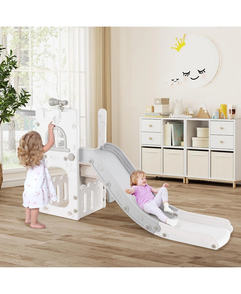 Skonyon 6-in-1 Toddler Slide L-shaped Playground with Basketball Hoop and Ladder