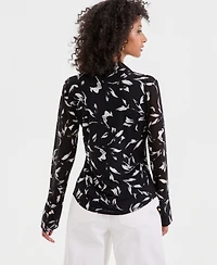 I.n.c. International Concepts Women's Long-Sleeve Printed Mesh Collared Top, Macy's Exclusive